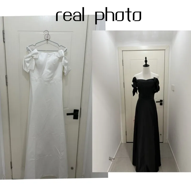 Busur manis dari bahu gaun pernikahan baru Satin hitam gaun malam elegan lantai panjang A Line sederhana sukienna Na Wesele