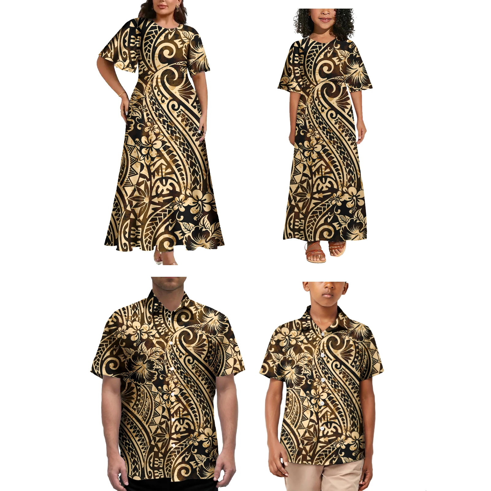 Samoan Art Print Style Holiday Party Family Set Women'S Floor-Length Dress Men'S Shirt Children'S Adult Clothing