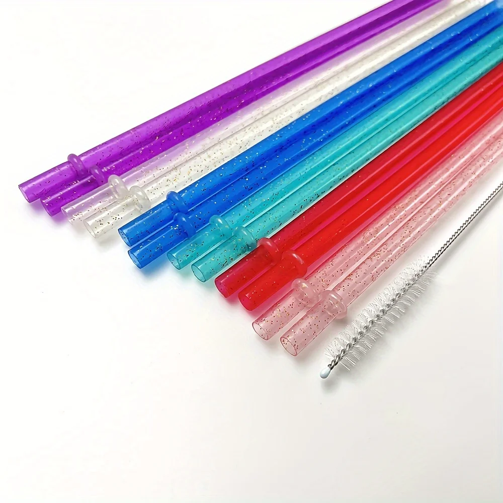 24pcs Shimmering Glitter Reusable Plastic Straws BPA-Free Beverage Straw With Cleaning Brush Unbreakable Straw set for Party Bar