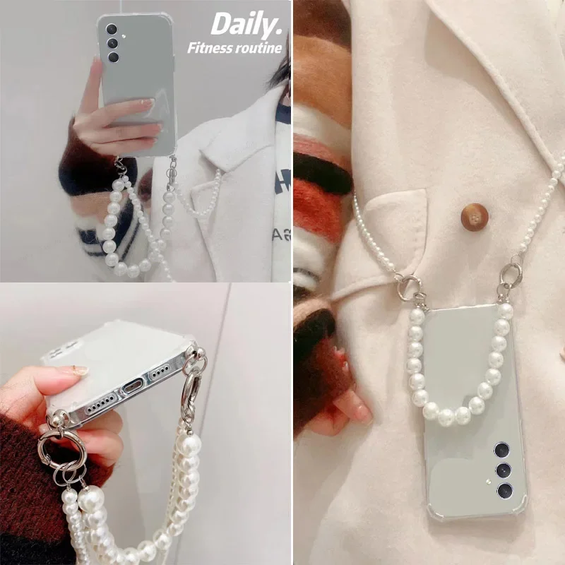 For Samsung S24 Ultra S24 FE Pearl Chain Crossbody Lanyard Case For Galaxy S23 S22 Plus S21 FE S9 Transparent Soft TPU Cover