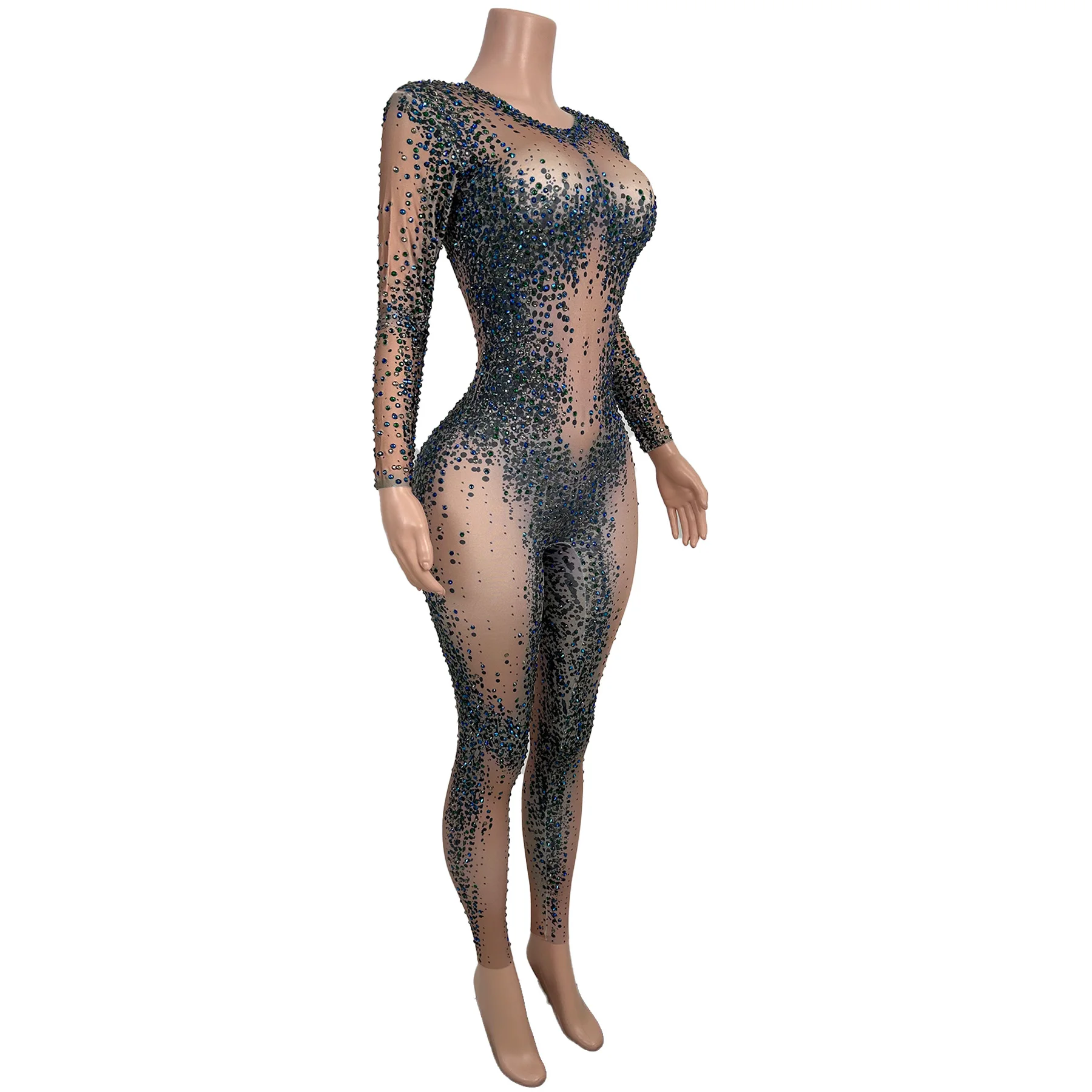 Qingting High Elasticity Women Jumpsuit Rhinestone Tight Pants Bar Stage Performance Costume Birthday Prom Music Festival Dress