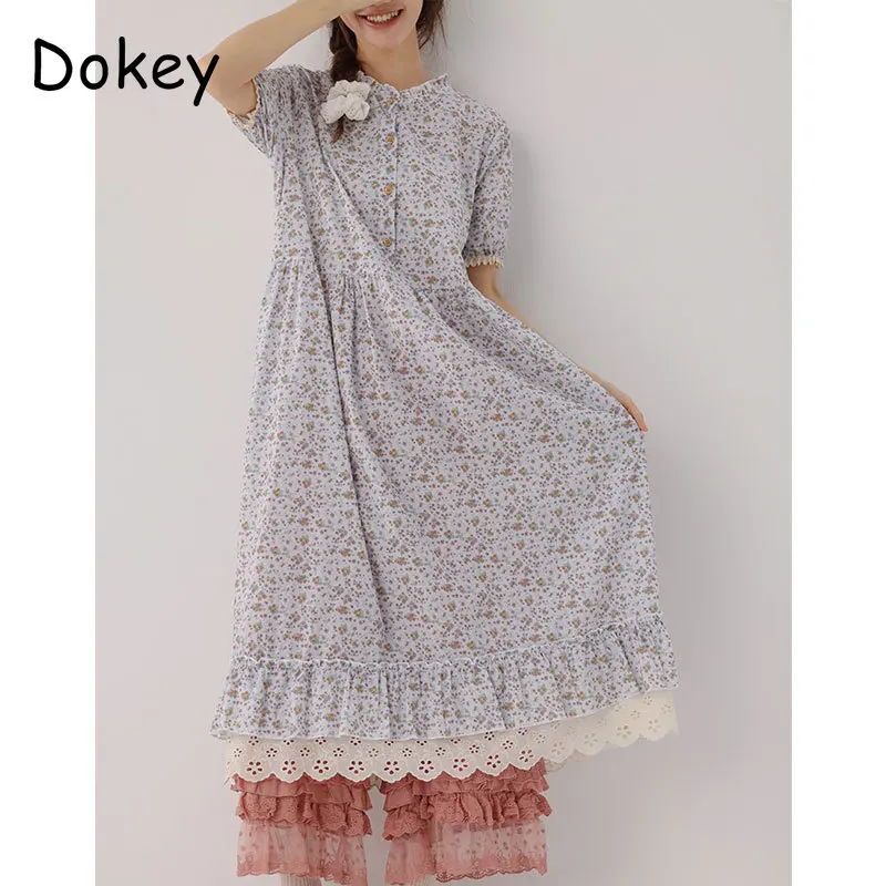 Sweet Vintage Peter Pan Collar Green Floral Dress Women Summer Japan style Mori Girl Puff Sleeve Cotton Linen Midi Dress Female