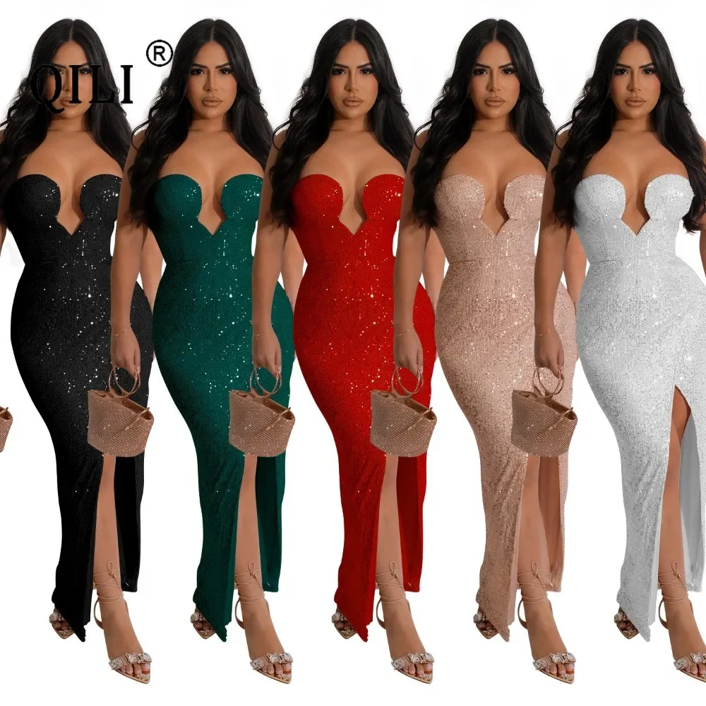 

QILI-Women's Sequined Sleeveless Dress, Long Dress, Straplee, Sexy, Party, Nightclub