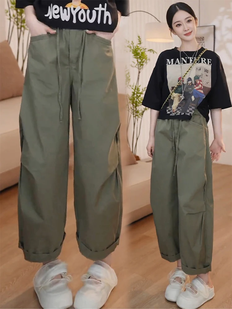 

Military Green Nine-Foot Work Pants Women Summer Thin Loose Casual Bloom Pants High Waist Wide Leg Commuter Style Cotton 100%
