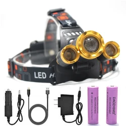 8000lm zewnętrzny reflektor LED lampa czołowa T6 + 2R 5 LED zoom reflektor 18650 oświetlenie wodoodporna latarka latarnia obozowa