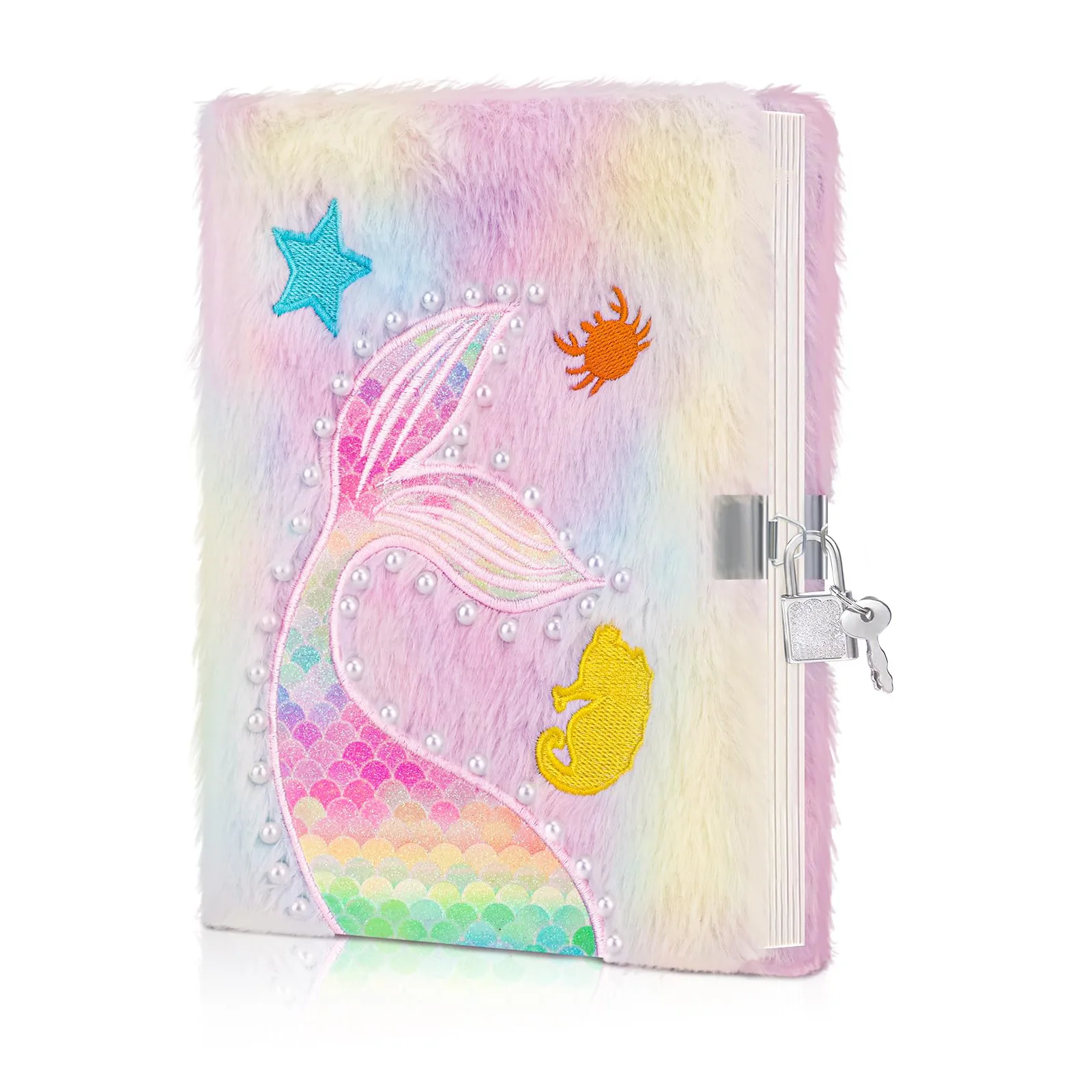 Mermaid Diary for Girls with Lock and Keys,Tie-Dye Fuzzy Journal for Kids with 160 Lined Pages,Fluffy Secret Notebook for Writ