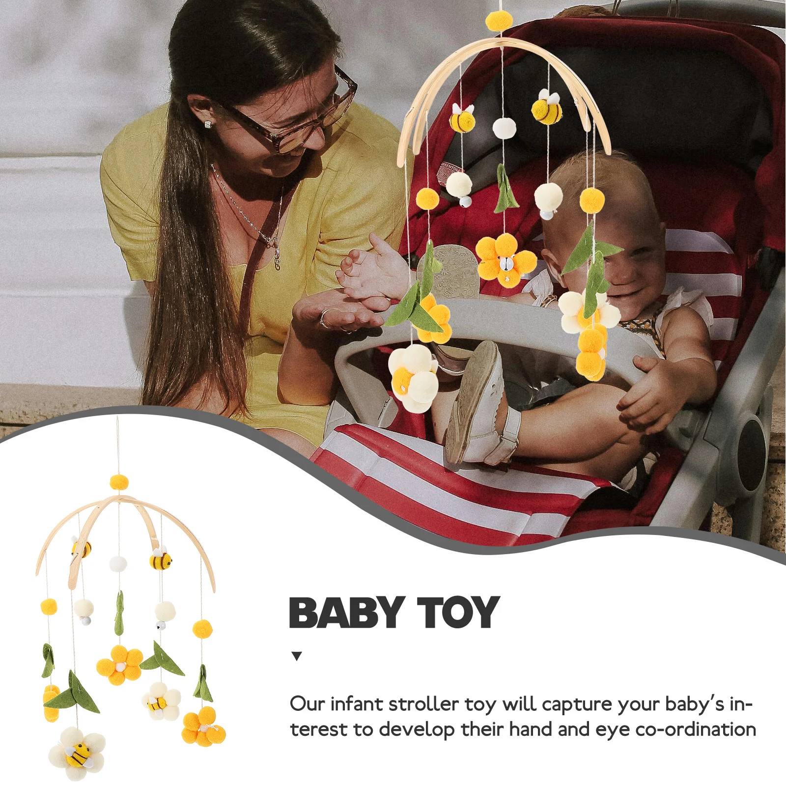 Baby-Mobile aus Holz mit Windspiel, Bienen- und Blumen-Hängedekoration, Kinderzimmer-Deko, Mobile für Babybett, Neugeborenen-Babyartikel