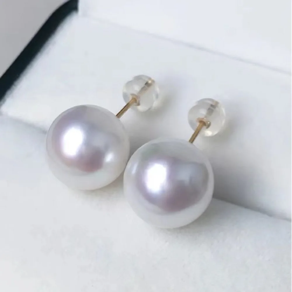 Gorgeous AAAA+++ Japan Akoya Round 10-11mm 11-12mm White Pearl Earrings14kp yellowgold gift box