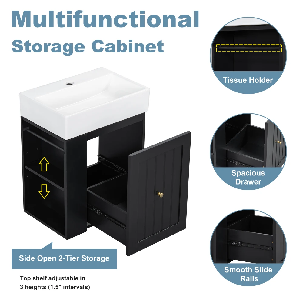 20-Inch Bathroom Vanity:Ceramic Sink,MDF Cabinet(Drawer, Side Shelf, Gold Handle)–Compact