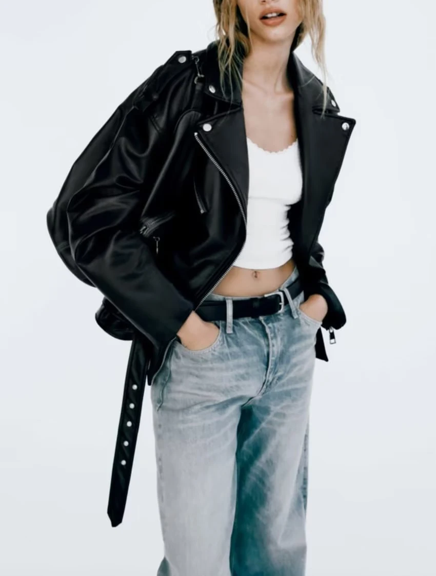 

Spring New Retro Motorcycle Sle Loose PU Leather Long Sve Bla Lapel Jaet Women's Faion Outerwear 34278