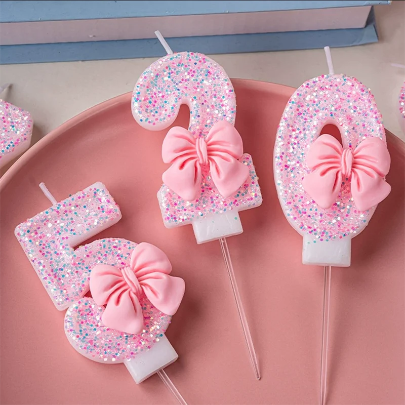 Girl's Pink Bow 0-9 Number Birthday Candle Cake Decorations Festival Party Wedding Anniversary Cake Candles in Hard Box