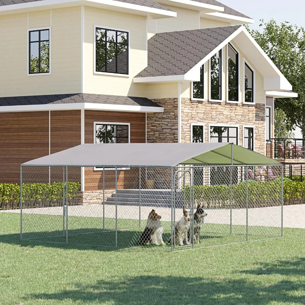 Large Dog Kennel Outside Heavy Duty Dog Cage with Waterproof Cover Outdoor Fence Dog Run with Galvanized Chain Link