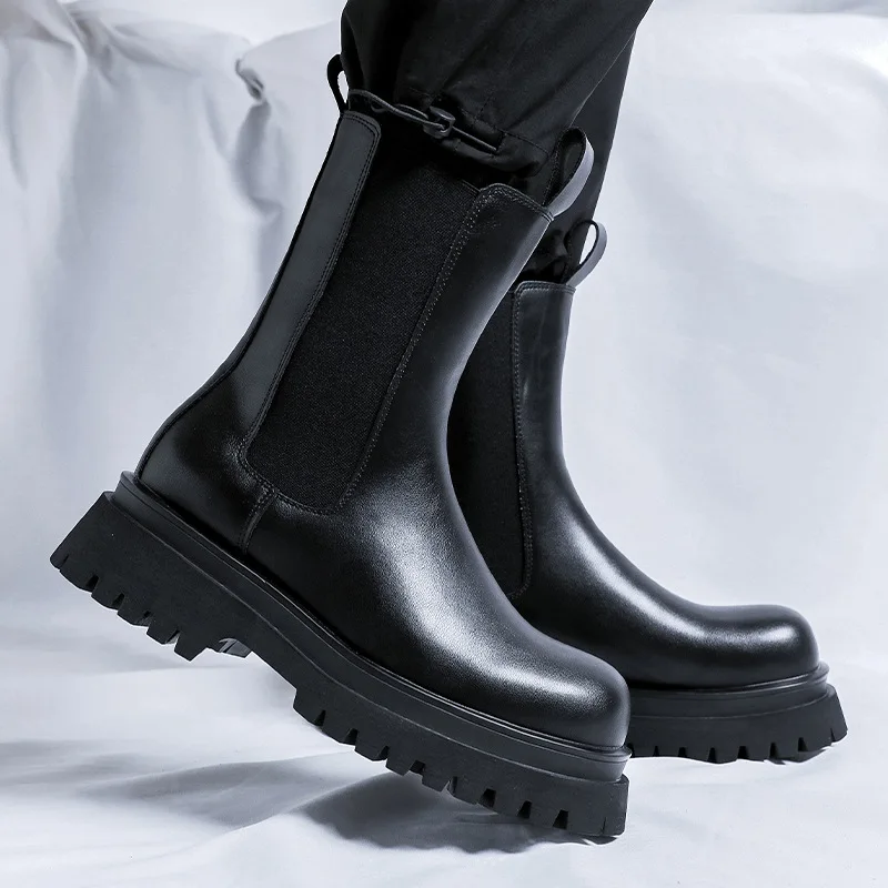 

Мужские модные длинные мотоциклетные ботинки, модная обувь из натуральной кожи, красивые высокие ботинки «Челси», сценические ботинки для ночного клуба, массивные ботинки на платформе