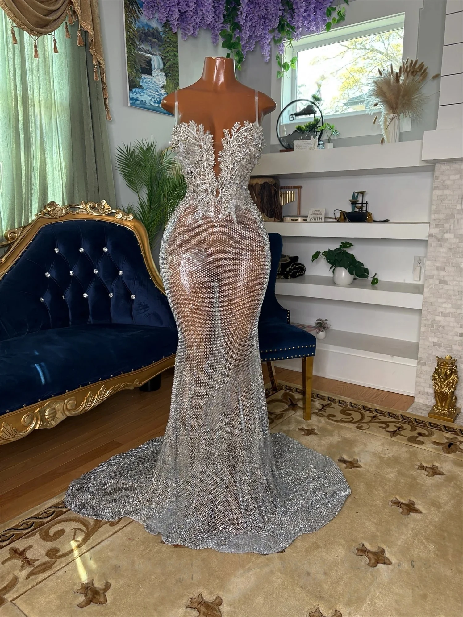Lace Long Prom Dresses For Black Girls See Through Sheer Beaded Sexy African Evening Gowns Birthday Party Robe Customized