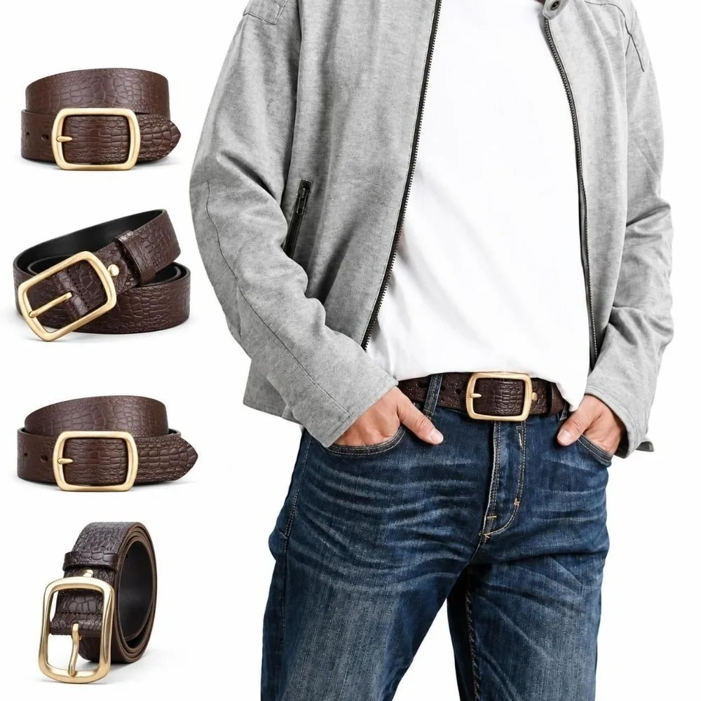 Embossed Texture Faux Leather Belt Durable Stitching Alloy Pin Buckle Crocodile Grain Belt Casual Adjustable Dress Belt For Men