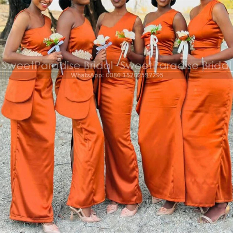 Orange Long Mermaid Bridesmaid Dresses Customized Sheer One Shoulder Appliques Sheath Sleeveless Wedding Party Dress For Women