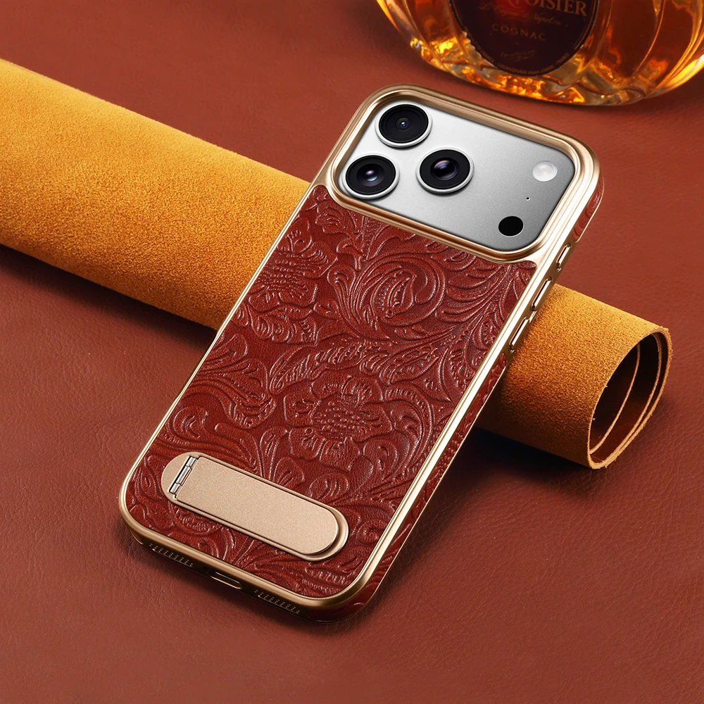 

Retro Floral Texture Leather Phone Case For iPhone 17 Air 16 15 14 13 Pro Max With Stand For MagSafe Wireless Charging Cover