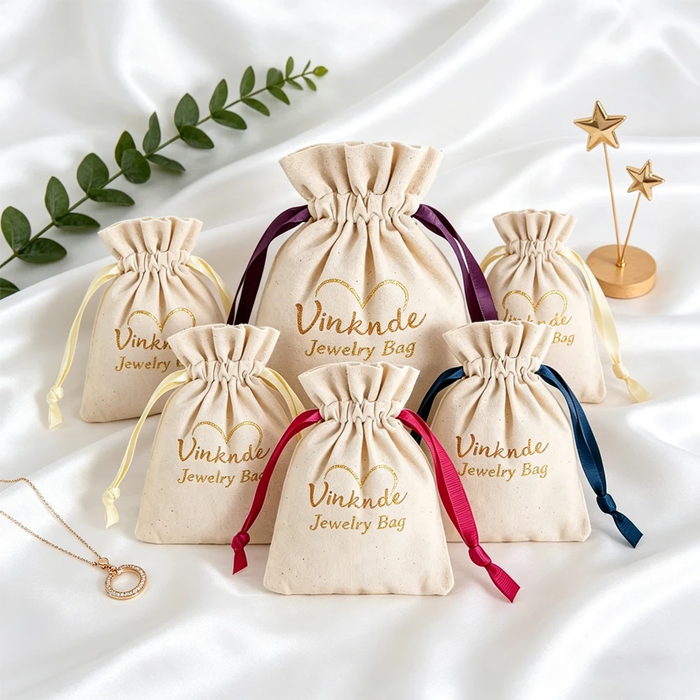 

50pcs Custom Logo Muslin Cotton Bags Ribbon Drawstring Bag For Tea Coffee Jewelry Earrings Sachet Wedding Gift Candy Packaging