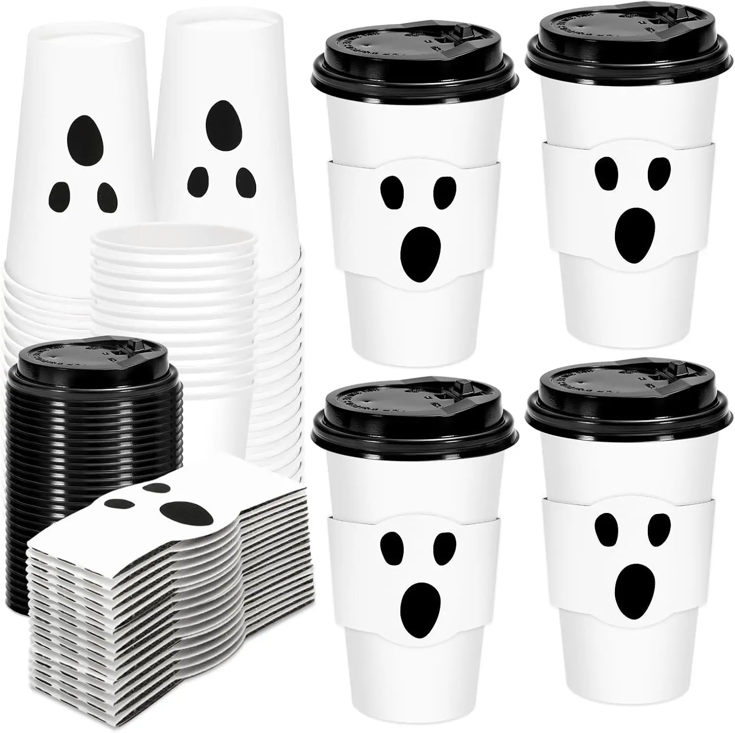 

50 Sets Halloween Ghost Coffee Cups with Lids and Sleeves 16oz Black White Cute Ghost Paper Cups Disposable To Go Coffee