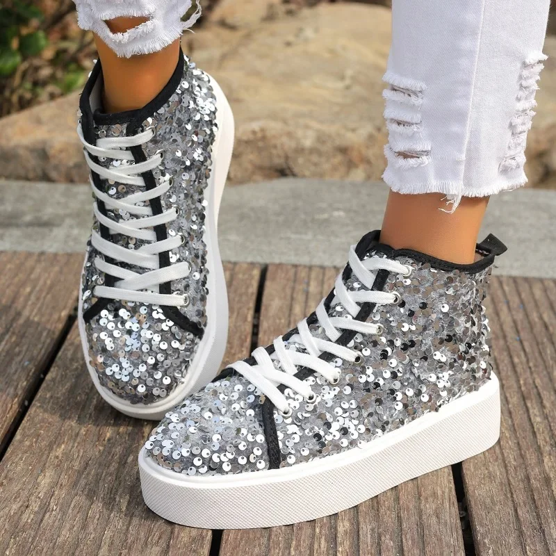 2024 Damskie proste sznurowane wysokie buty Casual Shiny Fine Glitter Flat Shoes Casual Shoes Sneakers Summer Flat Shoes Zapatos