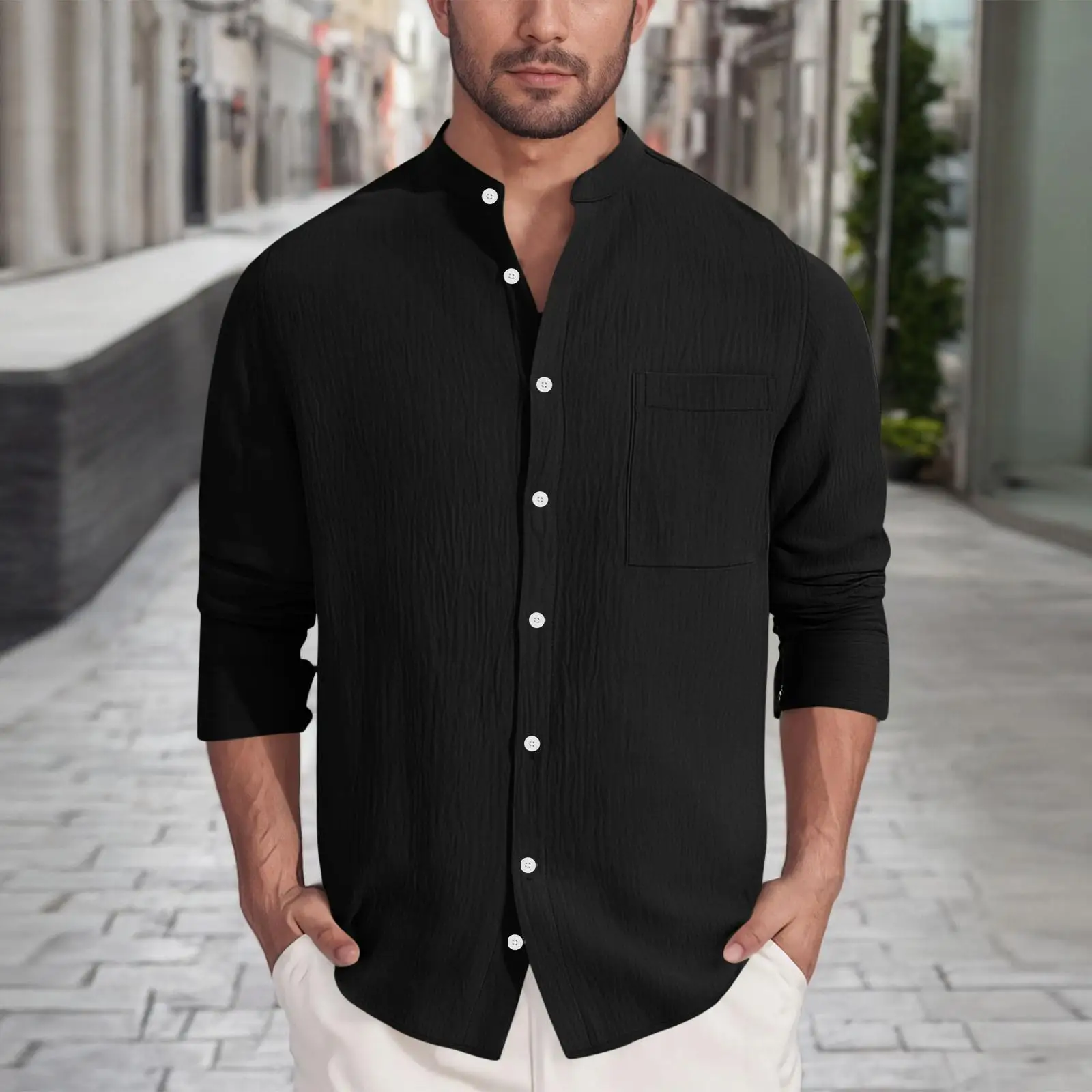 

Long Stand Collar Men's Shirt with Pocket Floral Embroidery Resistant to Deformation Summer 2015 Men's Fashion Inner Wear