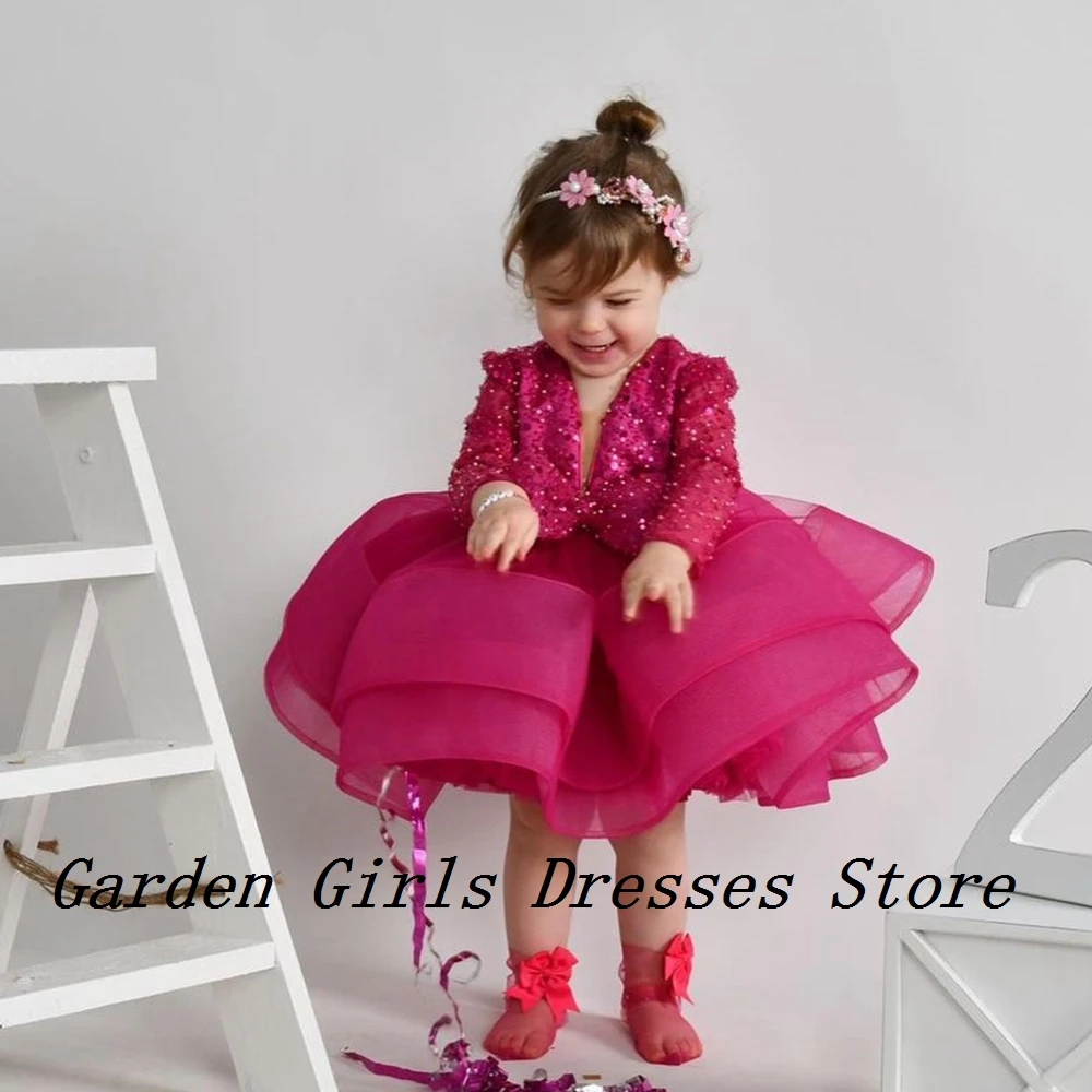 

Charming Burgundy Flower Girls Dresses with Sequined V Neck Full Sleeve Christmas Dresses for Princess 2024 فستان عيد الميلاد