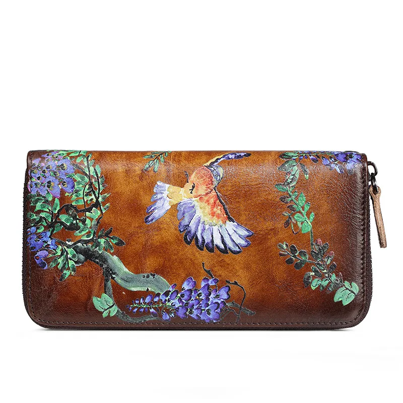 Genuine Leather Women Wallet Luxury Long Purse Birds Embossing Clutch Bag High Quality Female Card Holder Phone Bag