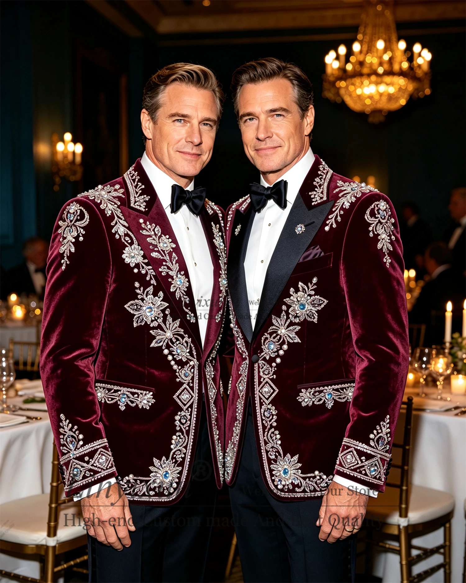 Shiny Beaded Diamond Men Suits 2 Pieces Sets Wedding Groom Tuxedo Elegant Lapel Male Prom Blazer Slim Customized Costume Homme