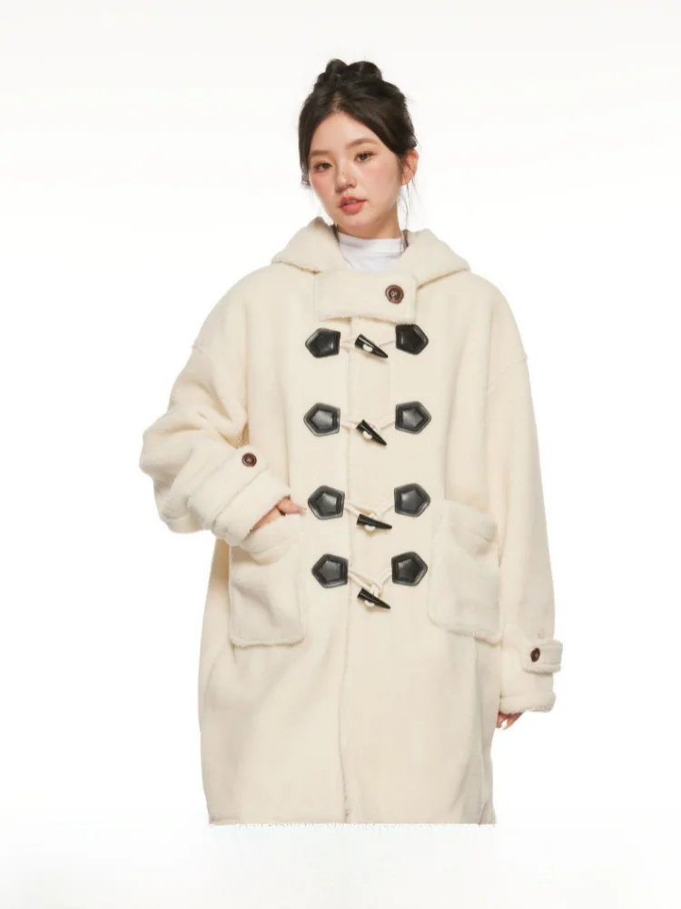 

ELEVEN SP Autumn Winter Thiened Warm White Hooded Lamb Velvet Women's Long Coat Buttoned Outerwear Commute Sle Loose Fit