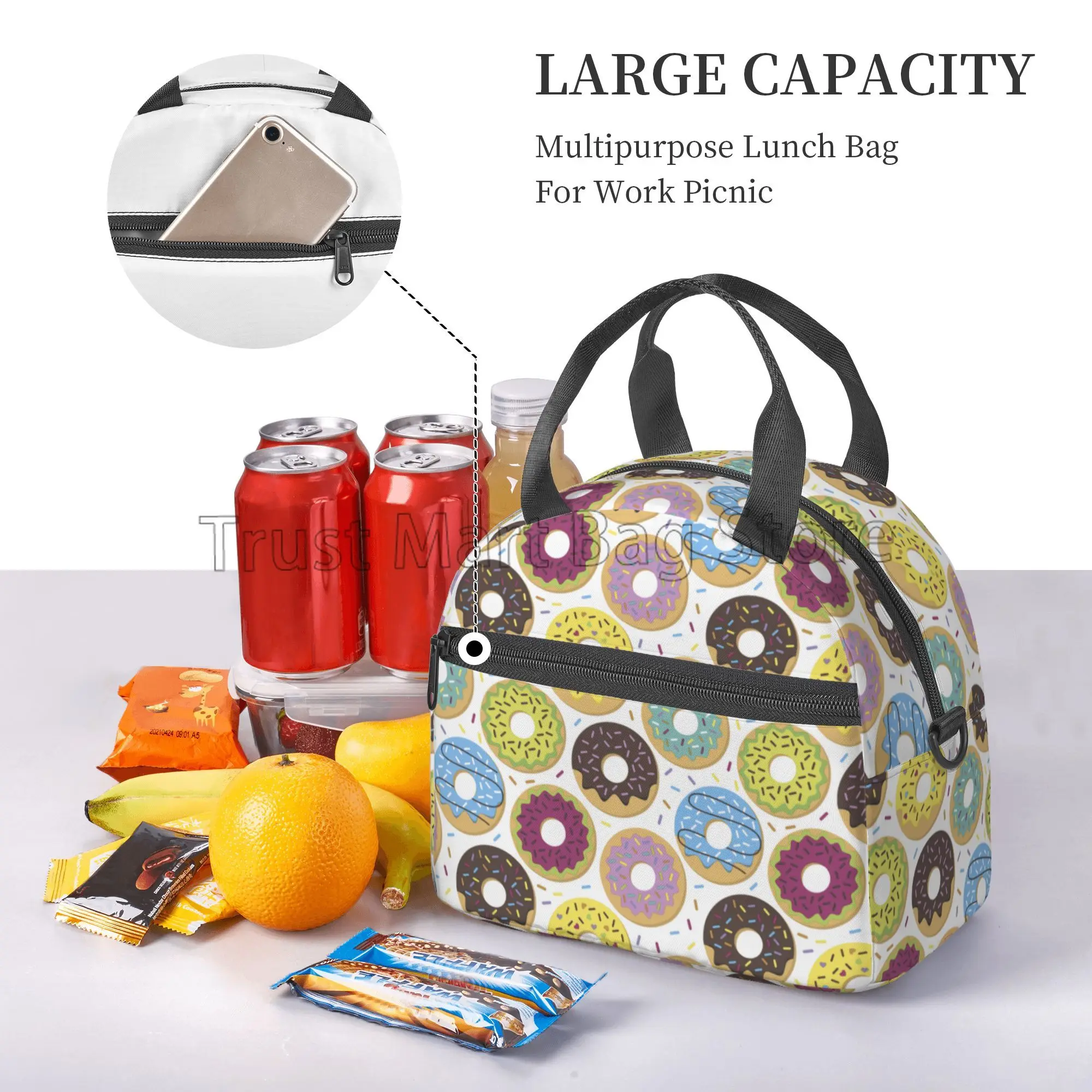 Colorful Donut Insulated Lunch Bag Reusable Portable Cooler Thermal Lunch Bento Box with Adjustable Strap for Picnic Beach Work