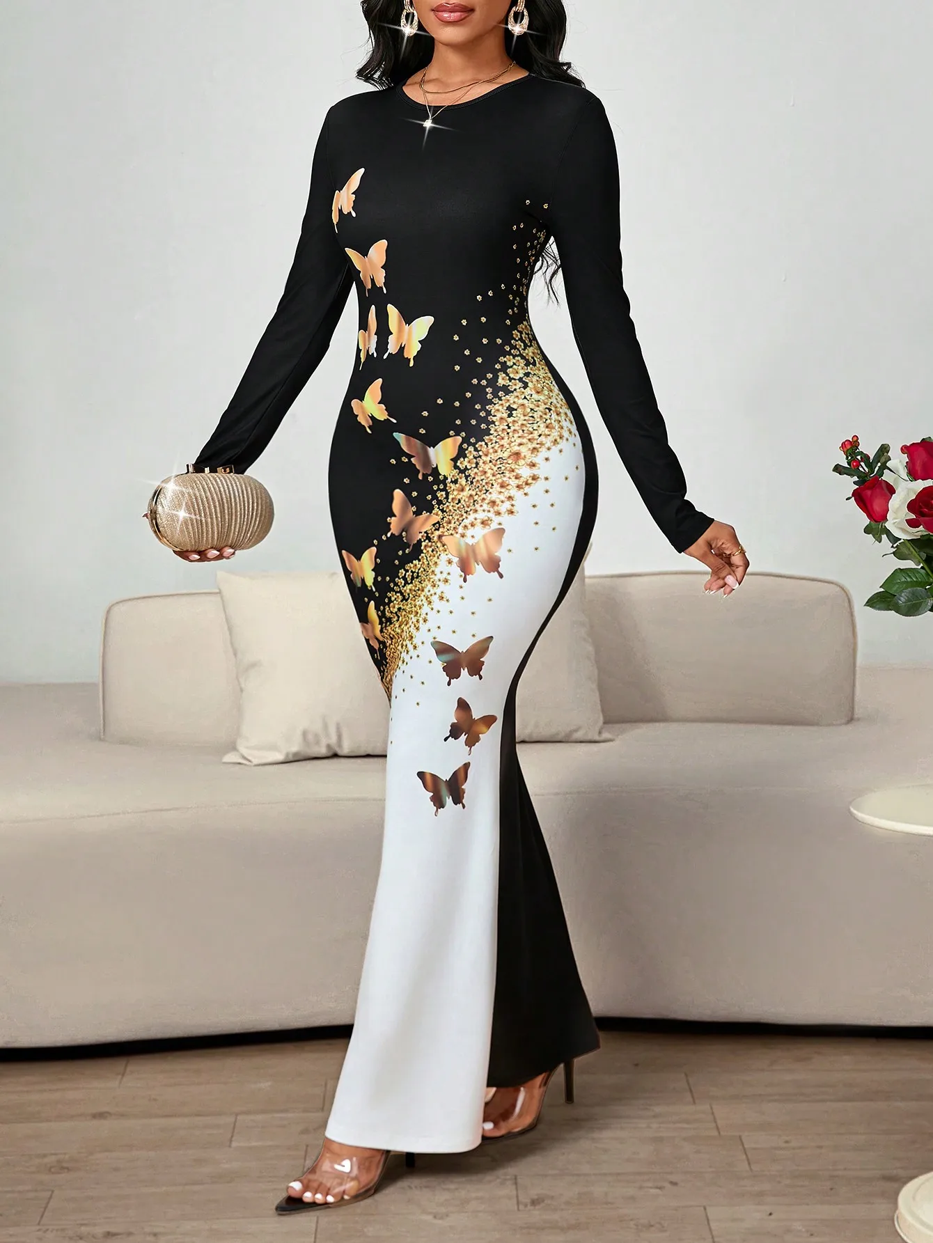 

Women's Long Sleeve Butterfly Print Mermaid Dress for Party Prom Evening Wear