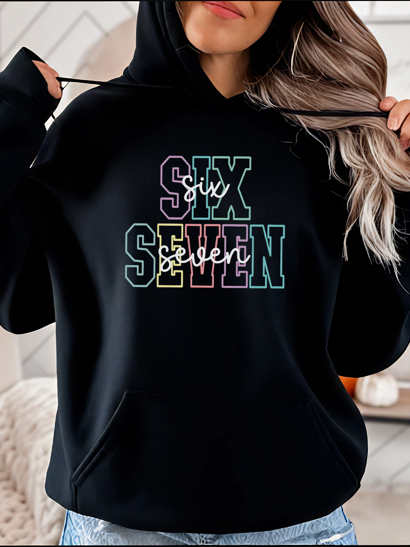 

Женская черная толстовка с радужным принтом Six Seven, повседневная уличная толстовка для молодежи и модных любителей моды