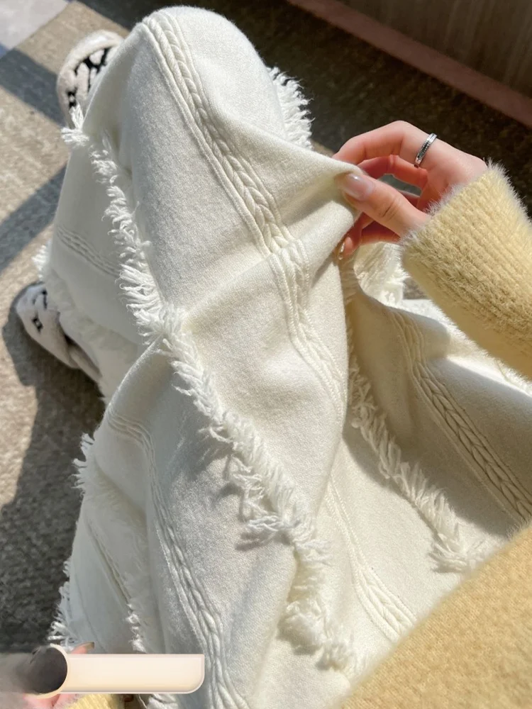 

Женская вязаная юбка А-силуэта, длинная, плиссированная, с бахромой, пышная, осенне-зимняя, мягкая, с узором «пшеничный колос»