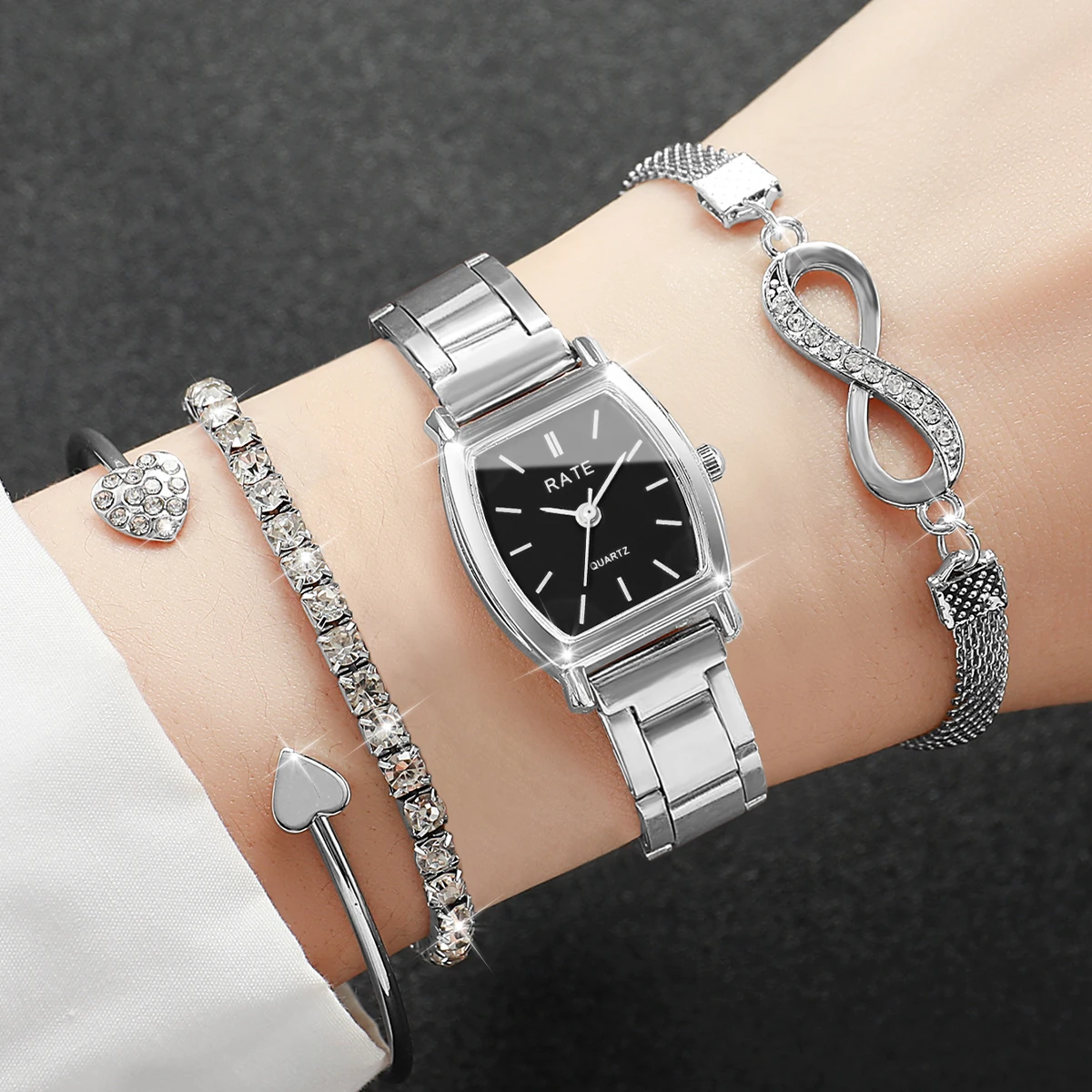 

4 шт. модных женских часов с браслетами из страз, элегантные кварцевые наручные часы с серебряным ремешком из сплава, Reloj Mujer (без коробки)