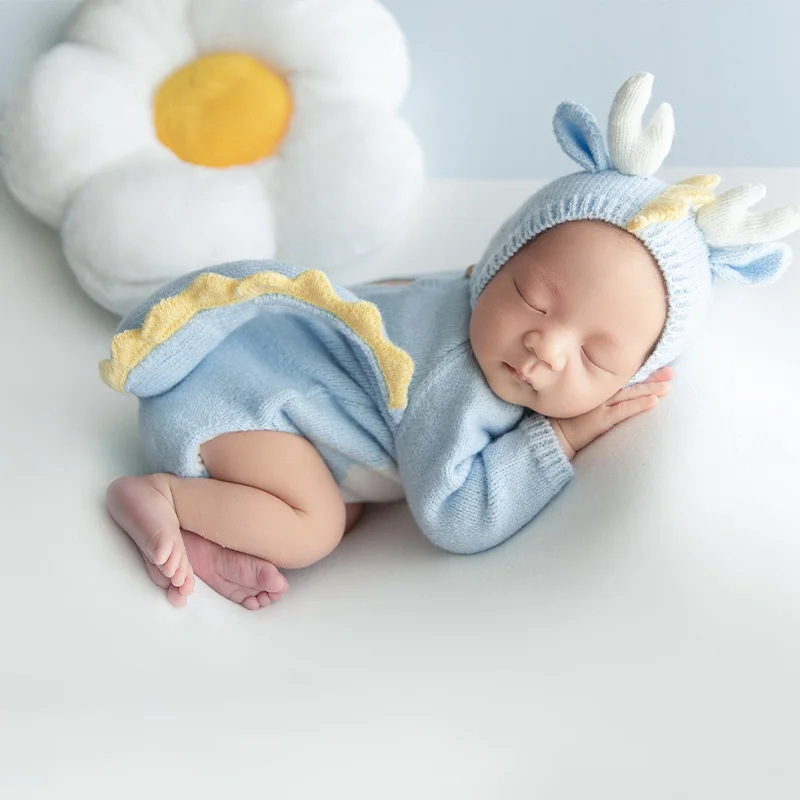 Traje de malha para bebê recém-nascido, roupas de fotografia, roupas fofas do dragão azul, macacão de crochê, chapéu, acessórios fotográficos do bebê