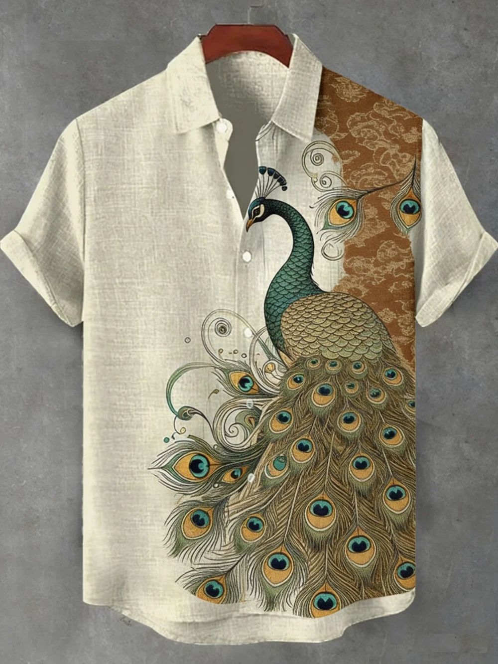 

2026 Men's New Ethnic Linen Short-Sleeved Shirt Southeast Asia Peacock 3D HD Printed Shirt Hawaiian Vacation Social Men Clothing