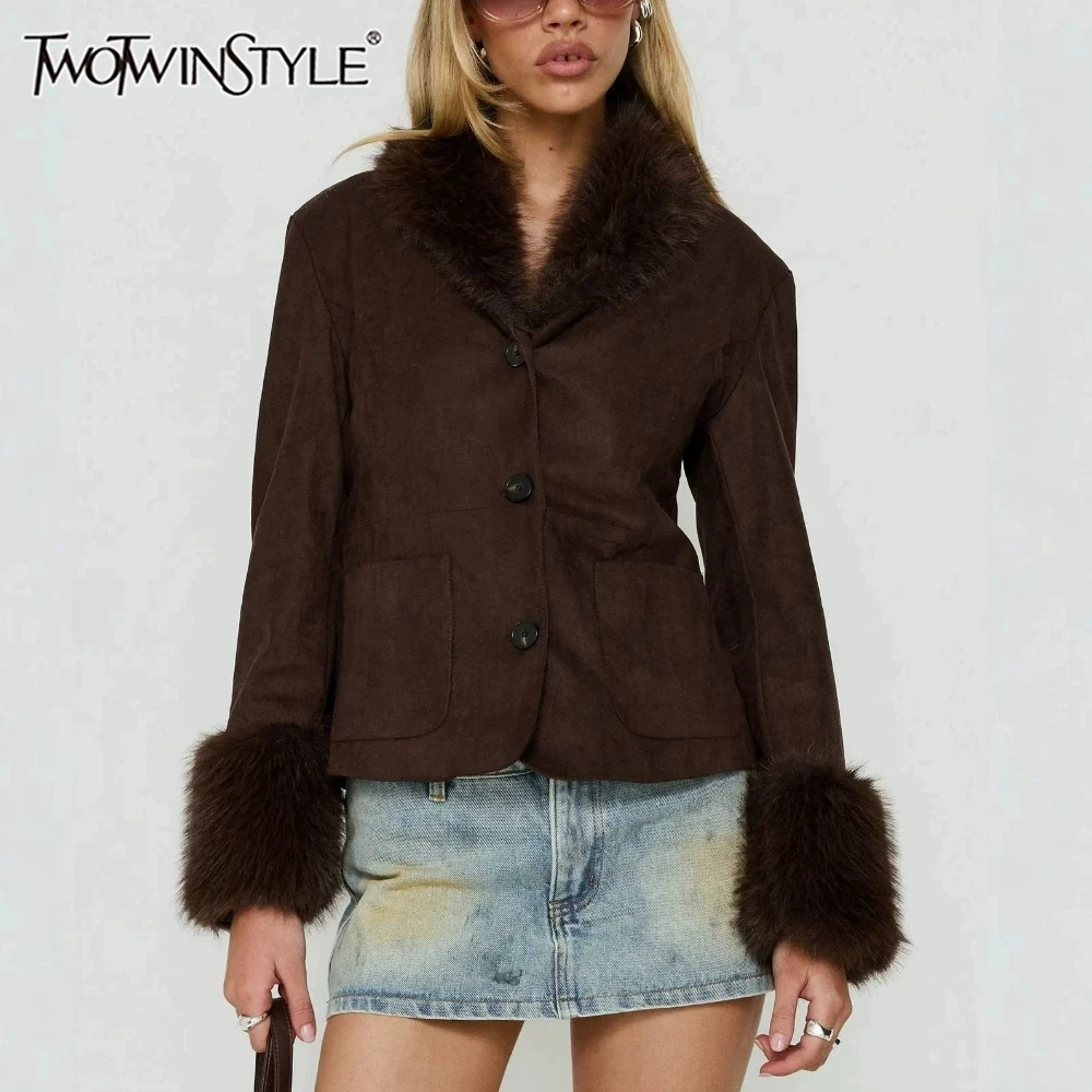TWOTWINSTYLE Vintage Women Jackets Lapel Collar Long Sleeve Single Breasted Jacket for Dating Weekend Gathering Streetwear New