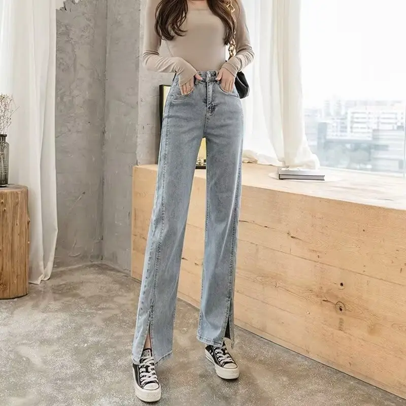 

Женские джинсы с высокой талией и широкими штанинами, весенне-осенние, модные, с разрезами, микро-клеш, с эффектом похудения, укороченные, размер 2026