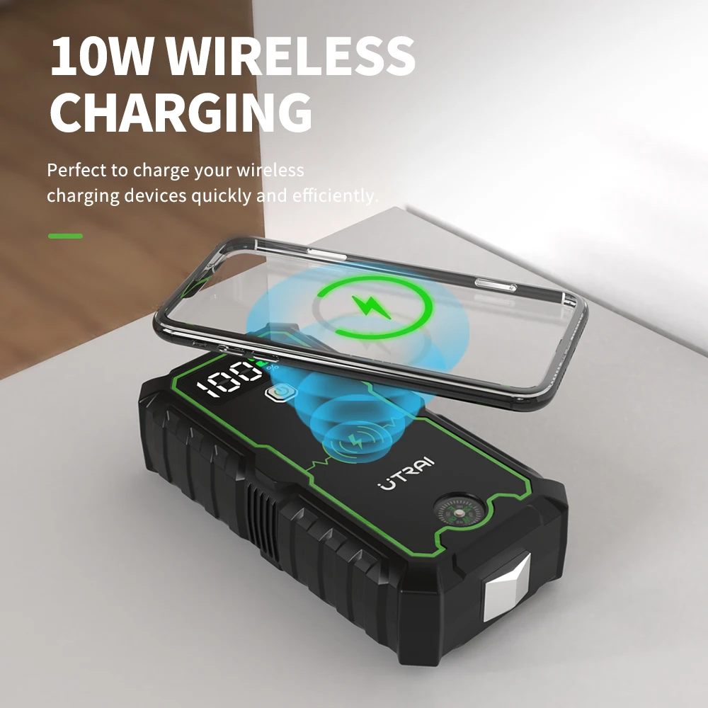 UTRAI 자동차 점프 스타터, 2500A 자동차 배터리 스타터, 16000mAh 휴대용 보조베터리, 10W 무선 충전 추진 부스터