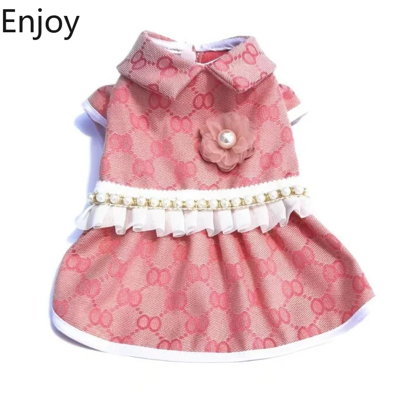 Pet Clothing Spring Autumn Dog Dress Cat Princess Skirt Pink Coffee Plaid Lapel Shirt Small and Medium-sized Dog Dress