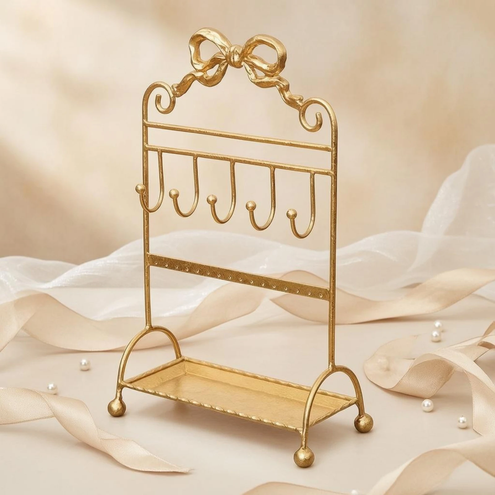 

Jewelry Display Stand Gold-Tone Jewelry Organizer Stand Necklace Holder Five Hooks Shallow Tray