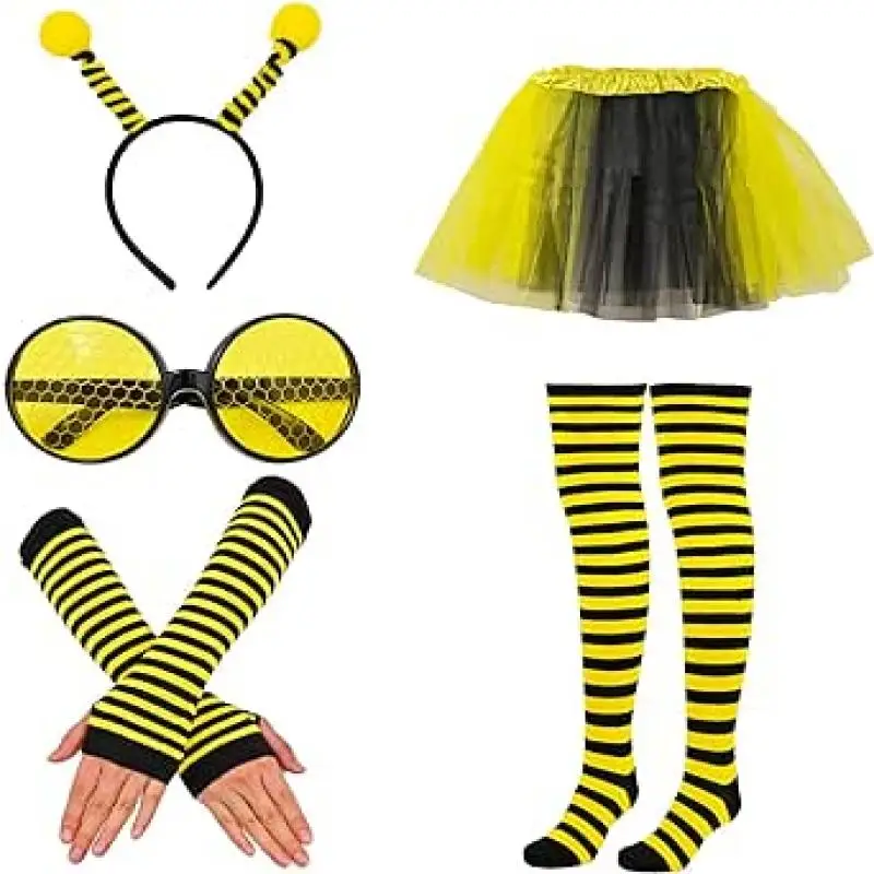 PESENAR Bee Costume Accessories Antenna Head buckles, Black And Yellow tutu, Knee High socks, Bee Sunglasses And Long Gloves