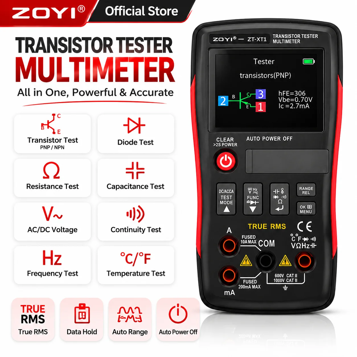 ZOYI ZT-XT1 Digital Multimeter Transistor Tester True RMS Meter NPN PNP Test Voltage Resistance Capacitance Frequency Tool