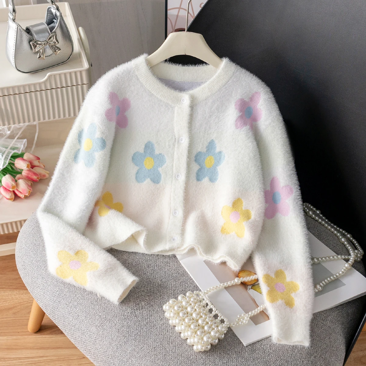 Girl's cute style colorful flower short sweater imitation mink fur knitted cardigan jacket suitable for daily vacation in spring