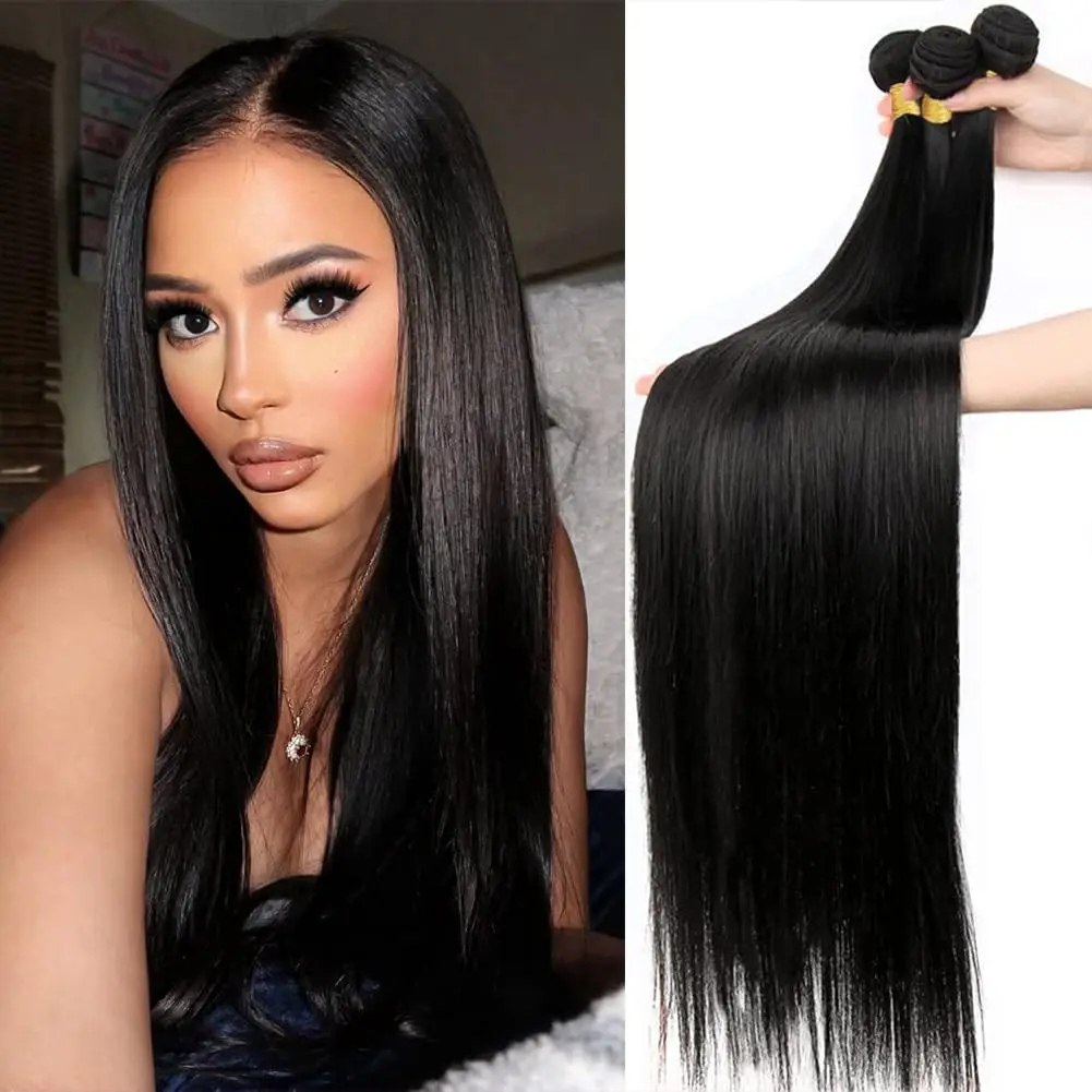 

3 пучка бразильских прямых человеческих волос, натуральный черный, 100% необработанные натуральные волосы, 14-30 дюймов, наращивание человеческих волос
