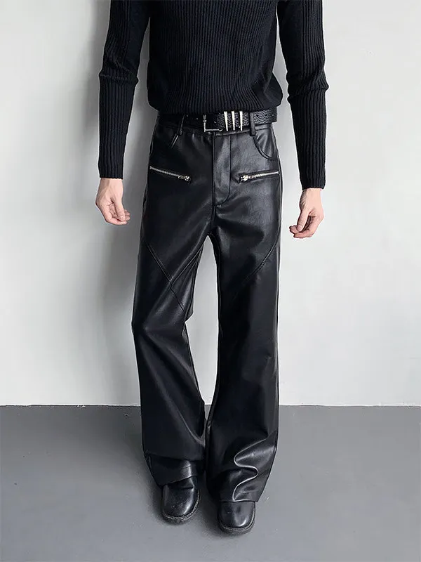 Men's 2025 Autumn New Stylish Loose Flared Pants Fashion High Street Zipper Design Trousers Male Chic Straight PU Leather Pants