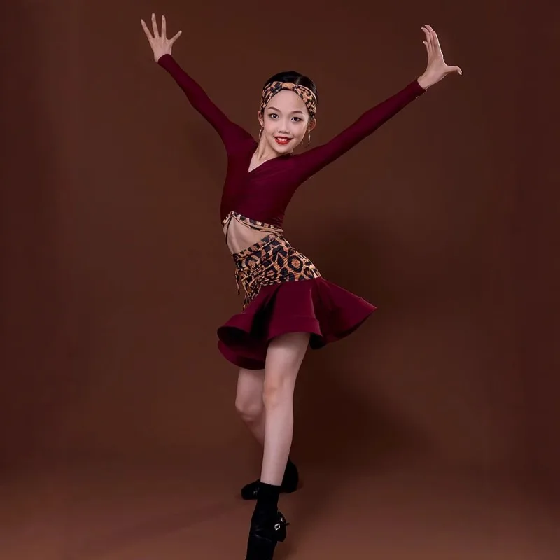 

customized girls' autumn V-neck long sleeved crop top dance outfit with leopard print and large lotus leaf hem skirt split set