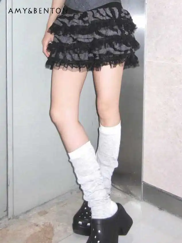 

American Style Black Lace Splicing Women's Skirt Subculture Y2k Mid Waist Multi-layer Slim and Tall Short Skirt