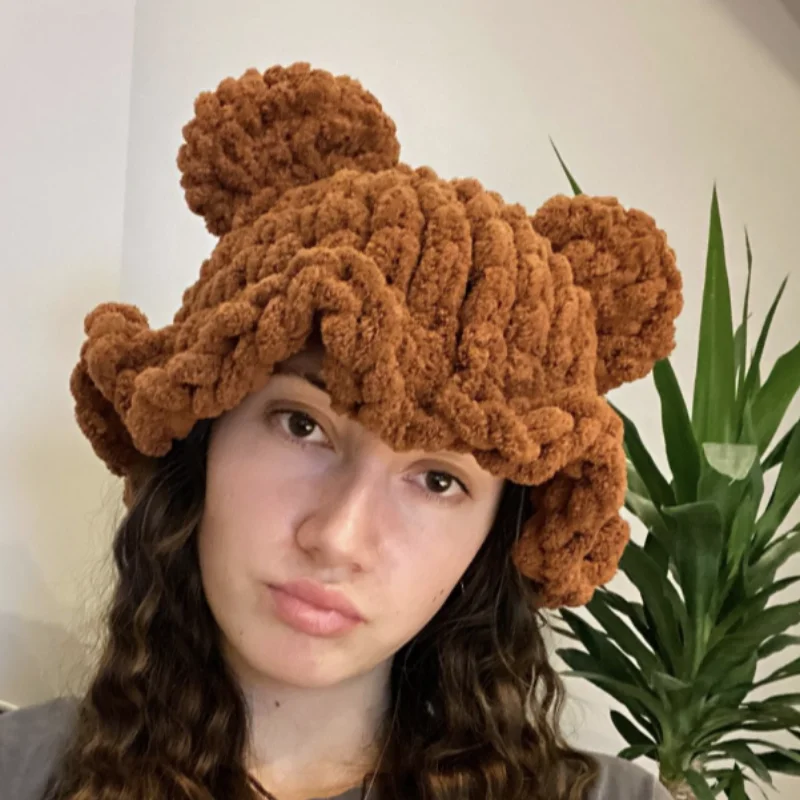 Cute bear ears decoration hat For women Girls Fashion Winter autumn warm hat Handmade crocheted frog pattern style Bucket hat