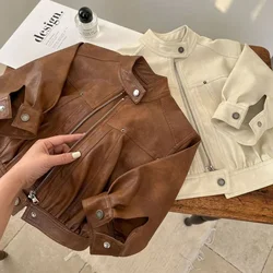 2026 New Girls Boys Black Pu Zipper Jackets Kids Baby Leather Jacket Spring Autumn Cool Coat Children Clothes Overcoats 2-9 Yrs